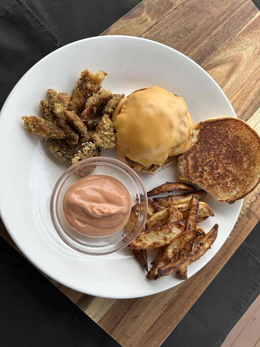 Air Fryed French Fries, fried morel mushrooms, cheeseburger, and ketchup mayo dipping sauce