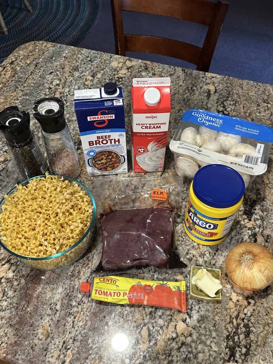 Elk Backstrap with Creamy Mushroom Sauce Ingredients: Egg Noodles, Elk Backstrap, White Mushrooms, Beef Stock, Heavy Cream, Corn Starch, Tomato Paste, Butter, White Onion, Salt and Pepper