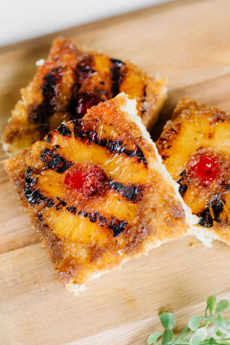 Brown butter grilled pineapple upside down cake pieces.