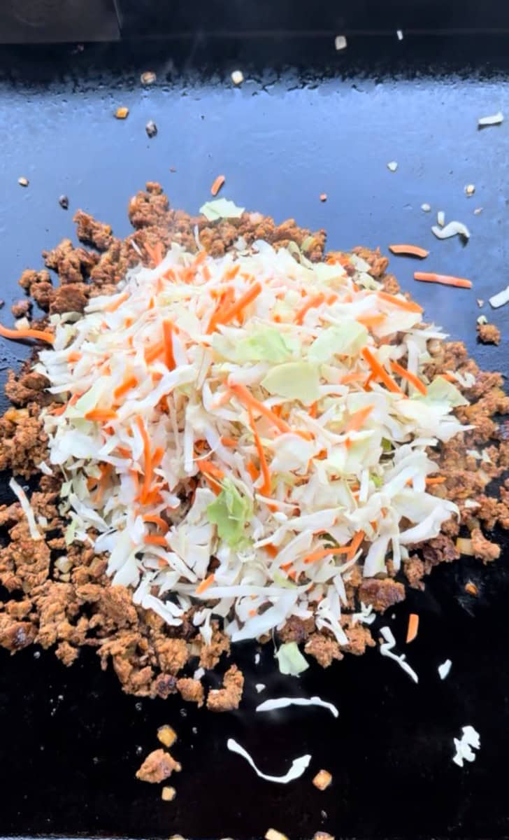 Coleslaw Mix on top of Cooked Ground Pork