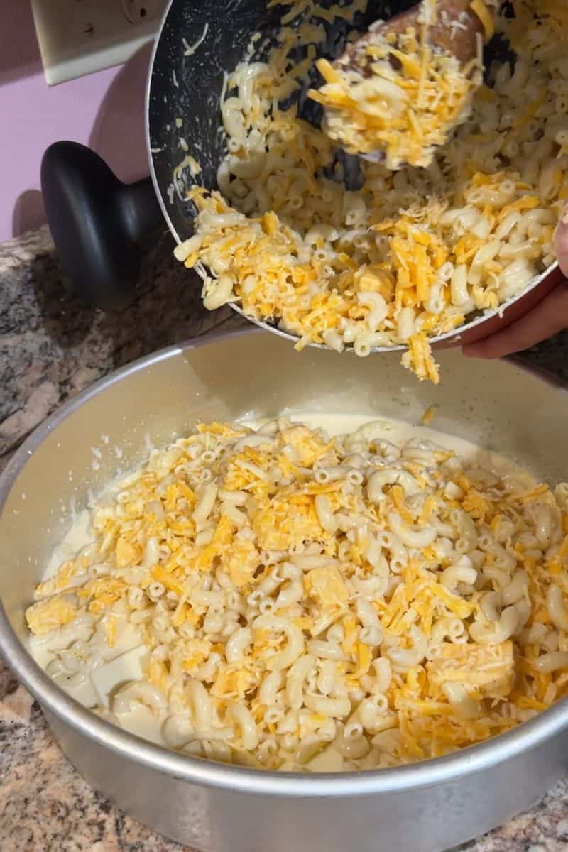 Pouring Mac and Cheese Mixture into Baking Pan