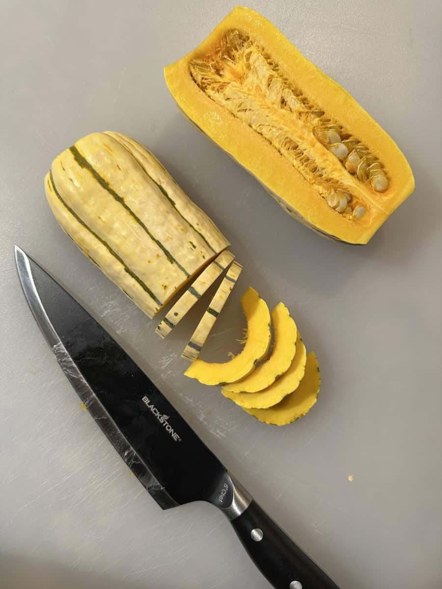Slicing Delicata Squash into strips