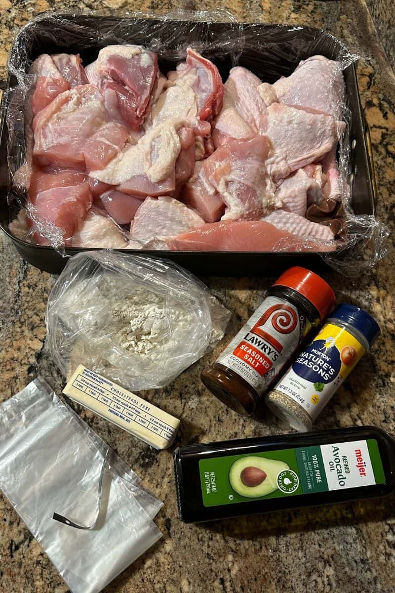 Griddle Fried Turkey Ingredients - Turkey Pieces, flour, seasonings, oil, and butter.