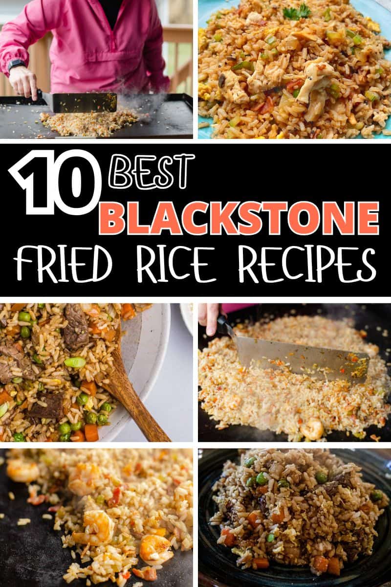 A collection of different Blackstone Fried Rice  photos. Shrimp, Chicken, Beef Fried Rice, etc.