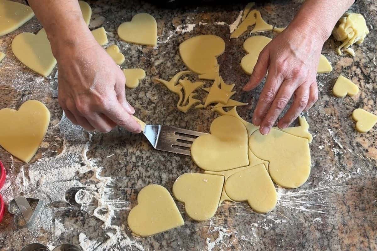 Sugar Cookie Dough Cut into Heart Shapes