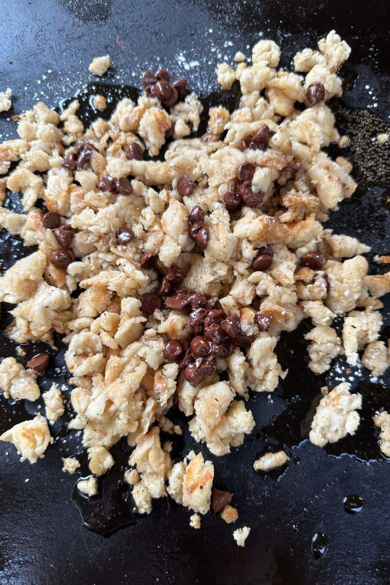 Blackstone Griddle Scrambled Pancakes topped with Chocolate Chips without syrup 