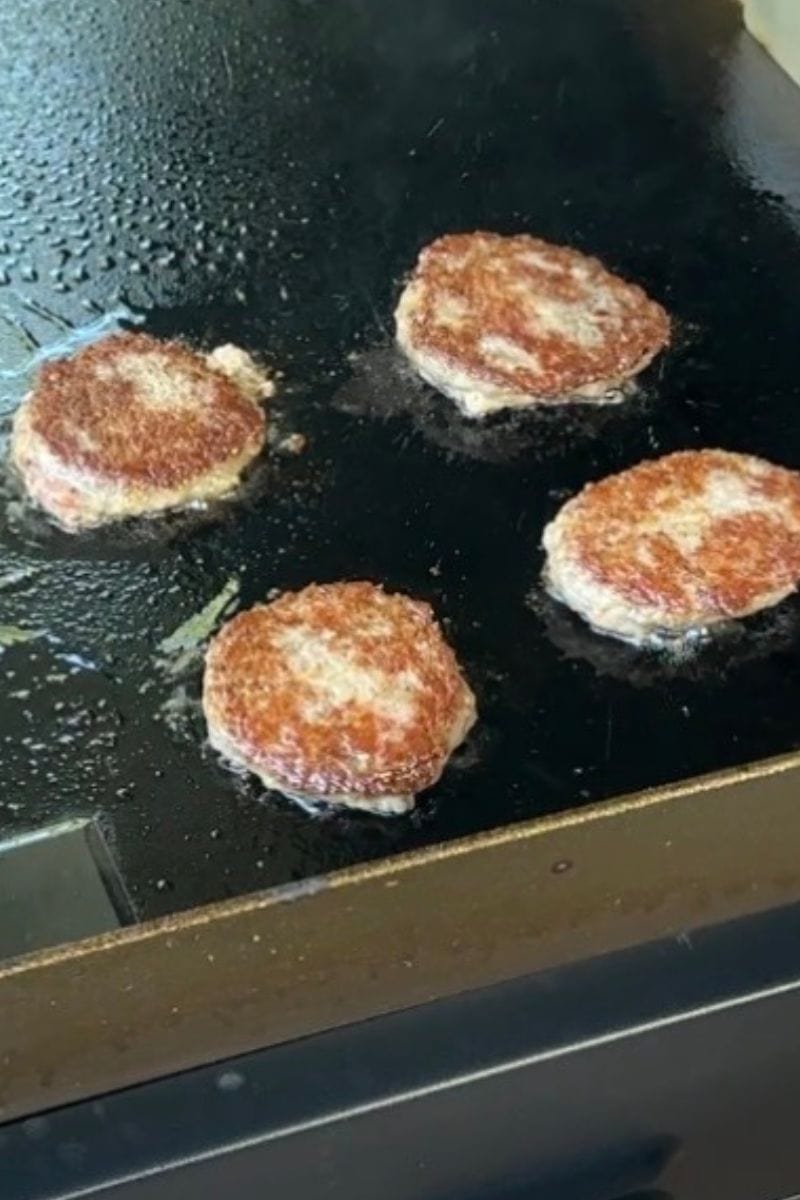 Sausage Patties cooking on a Blackstone Griddle
