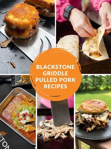 Blackstone Griddle Pulled Pork Recipes - Pulled Pork Grilled Cheese Sandwich, Pulled Pork Quesadillas, Pulled Pork Wet Burrito, Cooking Shredded Pork on a Blackstone Griddle, and Pulled Pork Smash Burger.